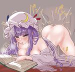  1girl blush book breasts coat commentary_request crescent crescent_hat_ornament doggystyle drooling hat hat_ornament hetero long_hair naked_coat nipples nude open_mouth patchouli_knowledge purple_hair ribbon saliva sex sex_from_behind soara_shimomo solo_focus sweatdrop touhou 