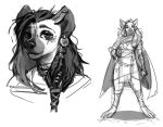 2021 anthro ariel_fain barefoot braided_hair cape clothing ear_piercing ear_ring feet female hair hyena jewelry looking_at_viewer mammal monochrome pendant piercing ring_piercing simple_background sketch smile solo standing white_background