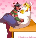 absurd_res anthro asgore_dreemurr backwardsgabe belly black_hair blonde_hair blush bovid brown_body brown_fur caprine deer deltarune duo fur furniture goat grin hair heart_symbol hi_res horn lying male male/male mammal new_world_deer on_back on_table overweight pinned reindeer rudolph_holiday size_difference smile table undertale_(series) white_body white_fur