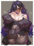  1girl bags_under_eyes black-framed_eyewear black_cardigan black_hair breasts cardigan colored_inner_hair commentary dress glasses goddess_of_victory:_nikke hair_over_one_eye highres huge_breasts impossible_clothes impossible_dress label_(nikke) long_hair multicolored_hair purple_eyes purple_hair rustycork see-through_clothes see-through_dress solo taut_clothes taut_dress tight_clothes tight_dress very_long_hair 