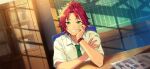  1boy bangs_pinned_back cabinet chalkboard clenched_teeth collared_shirt curtained_hair ensemble_stars! feature_scout_1_(ensemble_stars!) fingernails game_cg green_eyes green_necktie hand_on_own_arm hand_on_own_face hand_up happy_elements isara_mao looking_at_viewer male_focus necktie official_art red_hair school_uniform shirt short_hair short_sleeves smile solo teeth third-party_source upper_body watch white_sleeves wristwatch yumenosaki_school_uniform 