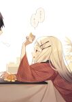  1boy 1girl absurdres blonde_hair colored_eyelashes food from_side fruit gakuen_idolmaster hair_ornament hairclip hand_up hanten_(clothes) highres holding holding_food holding_fruit idolmaster indoors jacket kotatsu long_hair looking_at_viewer looking_up mandarin_orange open_mouth orange_eyes out_of_frame parallel_hairclips parted_bangs producer_(idolmaster) profile puff_of_air red_jacket shinosawa_hiro sitting solo_focus speech_bubble table tamago_sando translation_request under_kotatsu under_table white_background wide_sleeves 
