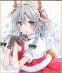  1girl alternate_costume animal_ears antlers black_gloves blush bow braid commentary_request deer_antlers deer_ears deer_tail dress gloves green_bow grey_hair hair_bow highres horns hoshi_tea_party izayoi_sakuya long_hair looking_at_viewer maid_headdress pom_pom_(clothes) purple_eyes red_dress santa_costume santa_dress shikishi snowflakes solo tail touhou traditional_media twin_braids 