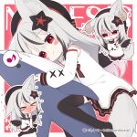  1girl absurdres animal_ears artist_name chibi chibi_inset commentary dress highres multicolored_hair multiple_views musical_note original red_eyes stuffed_animal stuffed_shark stuffed_toy tail thighhighs wolf_ears wolf_girl wolf_tail yuune_(ayanepuna) 