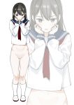  1girl black_hair blue_sailor_collar bottomless commentary_request commission double-parted_bangs full_body hands_on_own_face hands_up highres long_hair long_sleeves neckerchief no_pussy original parted_lips pixiv_commission red_neckerchief sailor_collar sailor_shirt school_uniform secret_dmain shirt shoes socks solo uwabaki white_background white_shirt white_shoes white_socks zoom_layer 