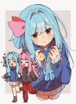  2girls :3 :d ^_^ artist_name black_shirt blue_hair blue_ribbon blue_shirt blunt_bangs blush border brown_socks buttons closed_eyes closed_mouth collared_shirt commentary_request corn_kuten dot_nose grey_background grey_skirt hair_intakes hair_ribbon hands_up holding holding_own_hair kotonoha_akane kotonoha_aoi long_hair long_sleeves looking_at_viewer miniskirt multiple_girls multiple_views one_side_up open_mouth outside_border pants pink_hair pink_ribbon pleated_skirt red_eyes red_pants ribbon shirt siblings simple_background sisters skirt sleeves_past_wrists smile socks twitter_username voiceroid watermark white_border 