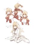  1girl 46isky21 ahoge blonde_hair blush bodysuit breasts bridal_veil bride bun_cover buttons chain cleavage_cutout closed_eyes closed_mouth clothing_cutout commentary_request dress epaulettes fate/extra fate_(series) flower full_body gloves green_eyes hair_between_eyes hair_bun head_wreath highres juliet_sleeves keyhole large_breasts leaf long_sleeves looking_at_viewer looking_to_the_side multiple_views nero_claudius_(bride)_(fate) nero_claudius_(fate) nero_claudius_(fate/extra) open_mouth puffy_sleeves red_dress see-through_clothes see-through_veil short_hair sitting skirt smile two-sided_dress two-sided_fabric upper_body v-shaped_eyebrows veil white_bodysuit white_dress white_flower white_gloves white_skirt white_veil wrist_cuffs 