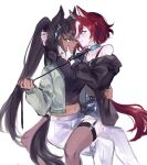  2girls absurdres animal_ears black_hair black_jacket black_shirt black_thighhighs blue_eyes blue_nails blue_shorts collar commentary dark-skinned_female dark_skin garter_straps grey_jacket hand_on_another's_face hand_on_another's_waist hgrao highres holding holding_leash horse_ears horse_tail jacket leash multiple_girls pants parted_lips red_hair shirt short_hair shorts simple_background smile symboli_kris_s_(umamusume) tail tanino_gimlet_(umamusume) thighhighs umamusume white_background white_pants yellow_eyes yuri 