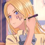  1girl alternate_costume artist_name blonde_hair blue_eyes blue_ribbon blush body_writing closed_mouth collared_shirt commentary cutahime drawing_on_own_face english_commentary highres holding holding_marker indoors kimi_no_na_wa. krista_lenz long_hair marker neck_ribbon parody ribbon scene_reference school_uniform shingeki_no_kyojin shirt short_sleeves solo white_shirt 