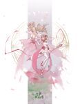  2girls absurdres aged_up alternate_costume bare_shoulders bird blonde_hair breasts brown_hair cardcaptor_sakura chinese_commentary choker cleavage closed_eyes collarbone collarbone_tattoo dress dress_flower drill_hair earrings elbow_gloves facial_mark falling_petals floating flower flower_(clow_card) flower_choker flower_earrings forehead_mark frilled_dress frilled_sleeves frills full_body gloves gown green_eyes hair_pulled_back hand_up hat hat_flower highres holding holding_wand hoshi_no_tsue iyi3d jewelry kinomoto_sakura long_hair looking_at_another looking_to_the_side magic_circle magic_circle_background medium_breasts multicolored_shoes multiple_girls off-shoulder_dress off_shoulder overskirt petals pink_choker pink_dress pink_flower pink_ribbon pink_rose pink_shoes reaching reaching_towards_another red_lips ribbon rose seal_impression shoes short_dress short_hair short_sleeves single-shoulder_dress single_bare_shoulder smile spaghetti_strap sun_hat swallow_(bird) thighhighs twin_drills two-tone_dress two-tone_shoes wand white_background white_dress white_gloves white_hat white_shoes white_thighhighs 