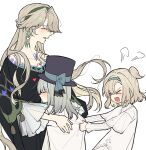  >_< 3girls aged_down angry bare_shoulders beryl_bouanich black_cloak black_hairband blonde_hair blue_bow bow child cloak closed_eyes clothes_grab crescent crescent_earrings dress earrings floating_earrings green_hairband grey_hair grey_hat hairband hashtag-only_commentary hat hat_bow highres hug jewelry layered_sleeves long_hair long_sleeves matilda_bouanich medium_hair mother_and_daughter multiple_girls mutual_hug one_side_up open_mouth puff_of_air rectangular_mouth reverse:1999 short_over_long_sleeves short_sleeves smile sp0i0ppp top_hat upper_body v-shaped_eyebrows vertin_(reverse:1999) white_background white_dress 