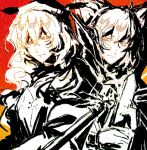  2girls cape cowboy_shot hashtag-only_commentary high_collar highres limited_palette long_hair looking_at_another matara_okina monitor51 multiple_girls oekaki ritual_baton short_hair sideways_glance sketch sun_print tabard touhou toyosatomimi_no_miko 