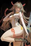  1girl absurdres black_background breasts brown_hair brown_tail china_dress chinese_clothes crunchy_(namtaehyeon1234) dress droopy_ears fluffy_tail frown hairband high_heels highres holding holding_sword holding_weapon knee_up large_breasts leg_tattoo long_hair looking_to_the_side red_eyes reverse_grip serious solo sword tattoo thighs weapon white_dress white_hairband ye_shunguang zenless_zone_zero 