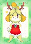 2024 animal_crossing anthro antlers barefoot blonde_hair brown_eyes canid canine canis christmas clothing digital_media_(artwork) domestic_dog feet female front_view hair heart_symbol hi_res holidays horn isabelle_(animal_crossing) mammal mistletoe nintendo one_eye_closed plant red_clothing simple_background smile solo standing tail vaporotem