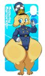 absurd_res anthro bird_dog blue_eyes bulge canid canine canis clothing domestic_dog femboy fur gloves handwear hat headgear headwear hi_res hunting_dog labrador male mammal open_mouth retriever saltyseaskunk solo standing tan_body tan_fur thick_thighs whistle_(object) wide_hips