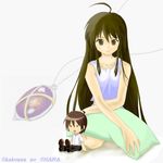  1girl alastor_(shakugan_no_shana) brown_eyes brown_hair camisole doll jewelry kneeling lowres non-web_source pendant pillow sakai_yuuji shakugan_no_shana shana 