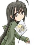  ahoge black_hair bread brown_eyes food long_hair lowres melon_bread mouth_hold non-web_source school_uniform serafuku shakugan_no_shana shana solo 