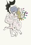  2girls barefoot bat_wings blonde_hair child closed_eyes commentary_request crystal_wings dee_(tannsumi) dress flandre_scarlet highres hug multiple_girls parted_lips puffy_short_sleeves puffy_sleeves purple_hair remilia_scarlet short_sleeves simple_background sleeping touhou white_background white_dress wings 