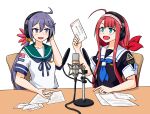  2girls absurdres adapted_costume ahoge akebono_(kancolle) badge blue_eyes blue_neckerchief blue_sailor_collar commentary english_commentary envelope flower hair_flower hair_ornament headphones highres kantai_collection kawakaze_(kancolle) microphone microphone_stand multiple_girls neckerchief paper pop_filter purple_hair red_hair sailor_collar sailor_shirt samusara school_uniform serafuku shirt short_sleeves side_ponytail white_sailor_collar white_shirt 