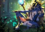 animal_genitalia animal_penis anthro antlers balls black_hair black_nose blue_body blue_fur bottomwear cloak clothing cloven_hooves dancrescentwolf deer erection forest freckled_face freckles fur genitals hair hi_res hooves horn loincloth looking_at_viewer male mammal medial_ring mostly_nude_anthro mostly_nude_male nature outside penis pinup plant pose slim_anthro slim_male smile solo staff tree