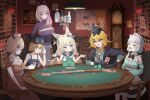  6+girls absurdres ahoge alcohol animal_ear_fluff animal_ears antennae arthropod_girl arthropod_limbs black_gloves black_jacket blonde_hair blue_eyes blue_streaks bow card cat_ears check_weapon clock cockroach_girl densetsu.exe dokibird dokibird_(bounty_hunter) dooby dooby_(1st_costume) dragoon_(dokibird) dress feather_hair gambling gloves gradient_hair grandfather_clock green_eyes green_hair gun hair_bow hair_ornament hat highres holding holding_tray indie_virtual_youtuber ithaca_m37 jacket lifebuoy_hair_ornament long_hair low_twintails maid_headdress matara_kan matara_kan_(casual) medium_hair mint_fantome mint_fantome_(minto_2.0) monster_girl multicolored_hair multiple_girls neckerchief nimi_nightmare nurse_cap open_mouth picture_frame pink_hair playing_card poker_chip poker_table pump_action rarumi9 roulette sameko_saba sameko_saba_(1st_costume) shaded_face shirt short_hair shotgun smile streaked_hair table tapir_ears tapir_girl tray twintails very_long_hair virtual_youtuber weapon weapon_request white_dress white_hair x_hair_ornament 