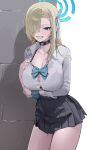  1girl absurdres arm_under_breasts asuna_(blue_archive) asuna_(school_uniform)_(blue_archive) black_bra black_choker black_skirt blonde_hair blue_archive blue_bow blue_bowtie blue_eyes blue_halo blue_ribbon blue_scrunchie blush bow bowtie bra bra_visible_through_clothes breasts button_gap choker cleavage collared_shirt commentary_request cowboy_shot dress dress_shirt grin hair_over_one_eye hair_ribbon halo hand_on_own_chest highres korean_commentary large_breasts long_hair miniskirt mole mole_on_breast pleated_dress ribbon scrunchie seueo shirt skirt smile solo thighs underwear white_background white_shirt wrist_scrunchie 
