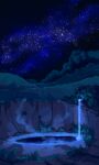  bush commentary english_commentary glowing grass highres in-universe_location moonpool_(warrior_cats) nature nifty-senpai night no_humans outdoors reflection reflective_liquid scenery sky star_(sky) starry_sky tree warrior_cats water waterfall 