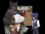  1boy 1girl ahoge belt black_hair blush breasts character_request cloak closed_mouth colored_skin covered_nipples dark-skinned_female dark_skin demon_girl demon_horns dress enoshima_iki faceless faceless_male grey_hair hand_on_own_chin hand_on_own_face height_difference high_collar horns huge_breasts large_breasts long_earlobes long_hair looking_at_another original pink_lips purple_skin red_bag red_eyes red_ribbon ribbon sideboob size_difference white_dress yellow_belt 