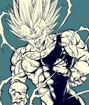  1boy blood blood_from_mouth commentary_request covered_abs dragon_ball dragon_ball_z dutch_angle electricity evil_smile facial_mark forehead_mark gloves hatching_(texture) highres lee_(dragon_garou) majin_vegeta male_focus muscular muscular_male open_mouth pectoral_cleavage pectorals smile solo super_saiyan super_saiyan_2 torn_clothes unitard upper_body vegeta veins 