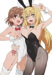  2girls :d alternate_costume animal_ear_hairband animal_ears arm_around_waist asymmetrical_docking black_bow black_bowtie black_leotard black_pantyhose blonde_hair bow bowtie breast_press breasts brown_eyes brown_hair cleavage convenient_hand covered_navel detached_collar fake_animal_ears garter_straps hair_ornament hairband hairpin highleg highleg_leotard highres kippei large_breasts leotard long_hair looking_at_viewer misaka_mikoto multiple_girls pantyhose playboy_bunny rabbit_ear_hairband rabbit_ears red_bow red_bowtie shokuhou_misaki short_hair small_breasts smile sparkling_eyes strapless strapless_leotard thighhighs toaru_kagaku_no_railgun toaru_majutsu_no_index very_long_hair w wardrobe_malfunction white_background white_garter_straps white_leotard white_thighhighs white_wrist_cuffs wrist_cuffs yellow_eyes 