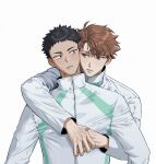  2boys black_hair brown_eyes brown_hair cheek-to-cheek closed_mouth eye_contact haikyuu!! hashtag-only_commentary heads_together high_collar highres hoppielucy_gkst hug hug_from_behind iwaizumi_hajime jacket looking_at_another male_focus multiple_boys oikawa_tooru_(haikyuu!!) short_hair simple_background track_jacket upper_body white_background white_jacket yaoi zipper 