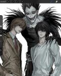  3boys art_program_in_frame bags_under_eyes black_eyes black_hair brown_eyes brown_hair collared_shirt commentary death_note hair_between_eyes hand_on_another's_shoulder height_difference highres jacket l_(death_note) long_sleeves looking_at_viewer male_focus multiple_boys ryuk shinigami shirt short_hair simple_background suit_jacket symbol-only_commentary t0myu3 upper_body white_background white_shirt yagami_light 