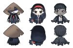  1girl 2boys :o aeng-du_(project_moon) bamboo-hatted_kim black_bow black_bowtie black_coat black_eyes black_hair black_jacket black_kimono black_pants black_suit blue_eyes bow bowtie coat coat_on_shoulders commentary_request dark-skinned_male dark_skin from_behind from_below glowing glowing_eyes hair_slicked_back hairband hat highres jacket japanese_clothes jingasa jun_(project_moon) kimono lapels limbus_company long_hair looking_at_viewer multiple_boys multiple_views necktie notched_lapels open_clothes open_coat open_jacket pants project_moon red_eyes red_hairband scar scar_across_eye scar_on_face shaded_face shoggoth_(sirens20211) short_hair standing suit suit_jacket torn_clothes torn_hat very_long_hair white_background 