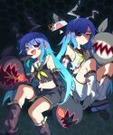  2girls :< :d bare_shoulders bemani black_horns blindfold blue_eyes blue_hair breasts fake_horns highres horns looking_at_viewer multiple_girls near_(sound_voltex) noah_(sound_voltex) small_breasts smile sound_voltex thorns torn_clothes white_horns yunbei3 
