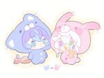  2boys :o animal_costume blue_hair chibi full_body green_eyes heart heterochromia highres holding holding_ice_cream_cone hoshirube_sho ice_cream_cone male_focus multicolored_hair multiple_boys murakumo_kagetsu nijisanji open_mouth pajamas purple_eyes purple_hair shuxingbuming_moxiaobai simple_background smile streaked_hair watakumo_(murakumo_kagetsu) white_background white_hair yellow_background 