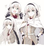  ! 1girl avilia_(majo_no_tabitabi) belt black_gloves black_hairband black_ribbon blush breasts cape cloak closed_mouth collared_shirt fingerless_gloves gloves green_eyes hair_between_eyes hair_ribbon hairband hands_on_own_hips highres long_hair looking_at_viewer majo_no_tabitabi multiple_views open_mouth red_shirt ribbon shiroirosky shirt simple_background smile spoken_exclamation_mark surprised white_background white_belt white_cape white_cloak white_hair 