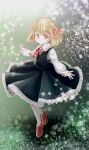  1girl 4183rumia absurdres ascot black_skirt black_vest blonde_hair commentary_request frilled_shirt_collar frilled_skirt frills full_body green_background hair_ribbon highres long_sleeves looking_at_viewer outstretched_arms parted_lips red_ascot red_eyes red_ribbon red_shoes ribbon rumia shirt shoes short_hair skirt snowflakes socks solo sparkle spread_arms touhou vest white_mouth white_shirt white_socks 