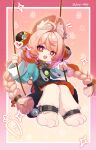  1girl absurdres ahoge animal_ear_fluff animal_ear_piercing animal_ears animal_feet animal_hands artist_name barefoot black_dress blue_shirt braid braided_hair_rings chinese_commentary commentary_request dress furry furry_female hair_ornament hair_rings highres joy_oops long_hair long_sleeves looking_at_viewer on_swing open_mouth pinafore_dress pink_background pink_hair rabbit_ears rabbit_girl rabbit_tail red_eyes shirt sleeveless sleeveless_dress solo sphere_hair_ornament swing tail thick_eyebrows twin_braids zenless_zone_zero zhao_(zenless_zone_zero) 