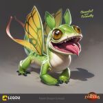 1:1 2024 ambiguous_gender call_of_dragons digital_media_(artwork) dragon english_text fairy_dragon feral glistening glistening_body green_body grey_background hi_res insect_wings lepidopteran_wings mythological_creature mythological_scalie mythology official_art paul_mafayon quadruped scalie simple_background smile solo tail text tongue tongue_out wings