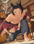  1boy 2026 amainu animal_ears ball barefoot black_hair blush bulge ceiling chinese_zodiac commentary embarrassed feet floor fundoshi hakama happy_new_year highres horse_boy horse_ears indoors japanese_clothes kimono male_focus navel nervous_sweating new_year open_mouth original red_fundoshi short_hair soccer_ball solo sweat symbol-only_commentary tatami toes toned toned_male wardrobe_malfunction year_of_the_horse 