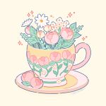  absurdres commentary cup flower flower_focus highres hiro046k leaf no_humans original pink_flower saucer signature simple_background sparkle teacup white_flower yellow_background 