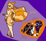 abdomen_vore ambiguous_gender anthro arm_support arthropod avery_(detrevni) chest_tuft detrevni detrevni_(detrevni) duo fur hair hi_res humanoid insect insect_wings lepidopteran lepidopteran_wings looking_at_viewer looking_back male orange_body orange_fur reclining ruff short_hair smile smug standing tuft unusual_vore void_monster vore wings