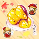  2girls =_= aki_minoriko aki_shizuha apron black_dress blonde_hair blush_stickers chibi chibi_only closed_eyes commentary_request dress eating food fruit grapes hair_ornament hat holding_potato kashuu_(b-q) leaf long_sleeves maple_leaf_hair_ornament mob_cap multiple_girls plate red_hat roasted_sweet_potato shirt siblings sisters smile sweet_potato touhou yellow_shirt 