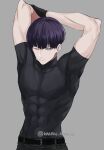  1boy arms_up belt closed_mouth compression_shirt covered_abs covered_navel covered_pectorals gloves grey_background hoshina_soshiro kaijuu_no._8 kakan_king male_focus muscular muscular_male one_eye_closed pants pectorals purple_hair short_hair solo twitter_username upper_body 