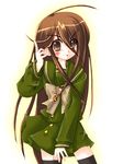  alastor_(shakugan_no_shana) blush brown_eyes brown_hair jewelry long_hair non-web_source pendant piku school_uniform shakugan_no_shana shana thighhighs zettai_ryouiki 