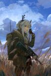  1girl antlers arknights backpack bag belt black_gloves breasts cloud cloudy_sky commentary_request cowboy_shot deer_antlers deer_girl field field_radio firewatch_(arknights) from_below gloves green_eyes green_hairband green_jacket grey_hair grey_sweater gun hair_flaps hairband high_belt highres holding holding_gun holding_weapon hood hood_down hooded_jacket horns jacket kasumi_yuzuha long_hair looking_at_viewer neck_warmer outdoors pantyhose radio_antenna rifle scope sidelocks sky small_breasts sniper_rifle solo standing sweater talking thigh_strap trigger_discipline walking weapon 