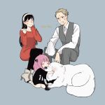  1boy 2girls adoptive_parent_and_adoptive_child animal_hug annoyed anya_(spy_x_family) black_dress black_hair black_pantyhose black_shoes blonde_hair bond_(spy_x_family) boots child closed_mouth collarbone collared_shirt commentary_request dog dress earrings family father_and_daughter full_body gold_earrings great_pyrenees grey_background grey_boots grey_pants grey_vest hairband hairpods hand_on_own_cheek hand_on_own_face handkerchief hands_up high_heel_boots high_heels highres holding holding_handkerchief husband_and_wife invisible_chair jewelry kiss_day lipstick_mark lipstick_mark_on_face long_hair long_sleeves medium_hair mother_and_daughter multiple_girls off-shoulder_sweater off_shoulder pants pantyhose pink_hair red_sweater seiza shirt shoes short_hair simple_background sitting smile socks spy_x_family sweater sweater_dress tarutaruso3 twilight_(spy_x_family) very_short_hair vest waistcoat white_hairband white_shirt white_socks yor_briar 