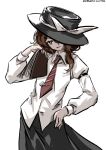  1girl absurdres black_hat black_skirt book bow brown_eyes brown_hair collared_shirt commentary_request hand_on_own_hip hat hat_bow hat_over_one_eye highres holding holding_book long_sleeves necktie one-hour_drawing_challenge red_necktie shirt skirt solo touhou usami_renko ve1024 white_bow white_shirt 