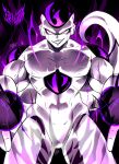  1boy absurdres aura character_name colored_skin commentary cowboy_shot dragon_ball dragon_ball_z english_commentary evil_grin evil_smile frieza full_power_frieza grin highres looking_at_viewer male_focus multicolored_skin muscular muscular_male purple_aura purple_background purple_eyes purple_skin sanpaku smile solo st41nn tsurime two-tone_skin white_skin 