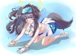  1girl all_fours animal_ears black_hair blue_archive blush breasts cheerleader commentary_request dog_ears dog_girl dog_tail goggles goggles_on_head halo hibiki_(blue_archive) hibiki_(cheer_squad)_(blue_archive) highres long_hair looking_at_viewer millennium_cheerleader_outfit_(blue_archive) official_alternate_costume open_mouth shintakukama simple_background skirt solo star_(symbol) star_sticker sticker sticker_on_face tail yellow_halo 